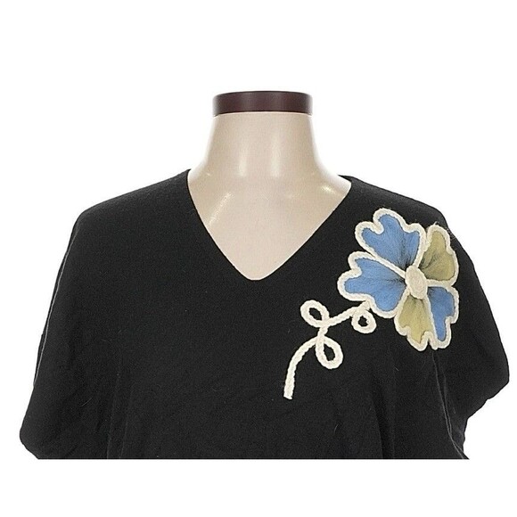 Aaeda Cap Sleeve Black V-Neck Knit Top Floral Aplique Boho Chic Soft Women’s XL - Picture 14 of 15